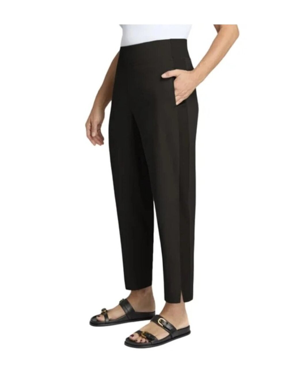 NWT Kirkland Signature Women's  L Ankle Pants Black Pull on Ribbed Panel G2234